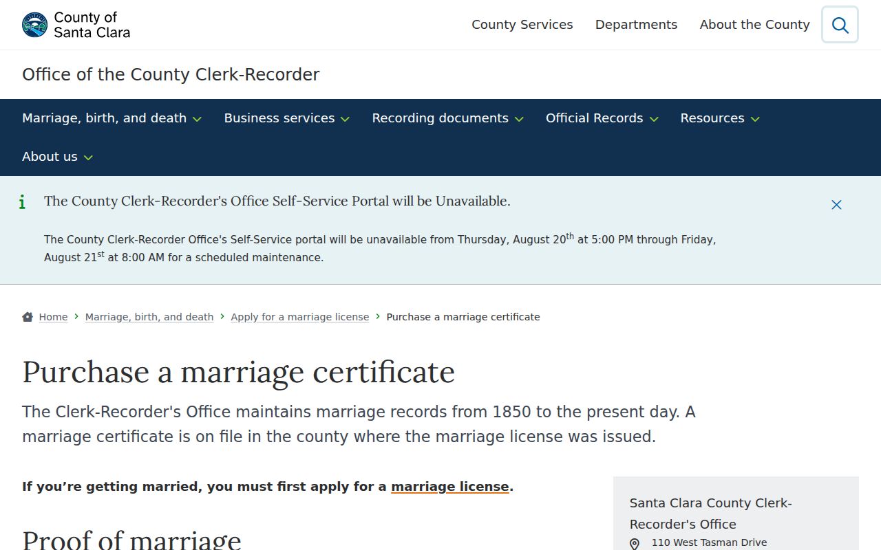 Santa Clara County resident lookup county marriage certificate request
