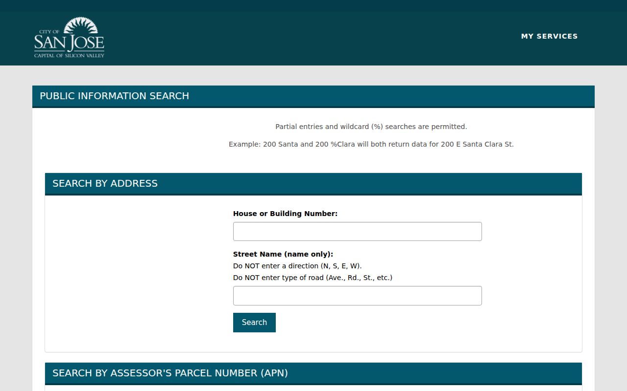 Santa Clara County street directory San José permit and address search